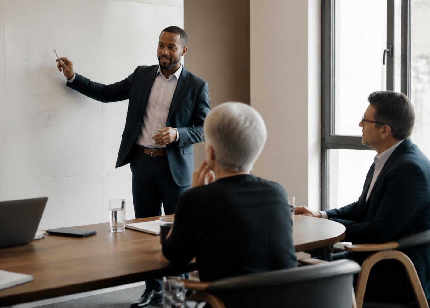 Consultor conduzindo reunião de diagnóstico comercial com executivos